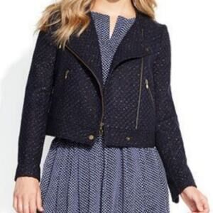 QMack Side Zip Tweed Moto Blue and Gold Wool Blend Jacket Size Large